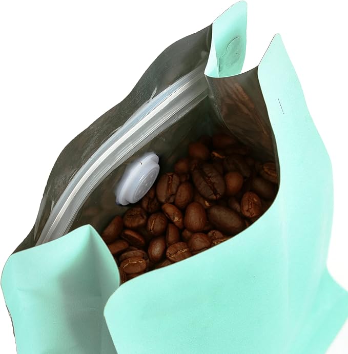 50 Count 8 Ounce Green Blue Kraft Paper Coffee Bags with Air Release Valve, High Barrier Coffee Pouches for Home, Store, Flat Bottom (50pcs/8oz, 0.5lb, 250g)
