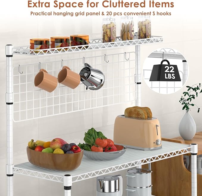 Leteuke 42 Inch Bakers Rack with Wheels, 4-Tier Microwave Stand Kitchen Cart, Heavy Duty Utility Kitchen Cart, Microwave Cart Storage Rack with 20 S-Hooks & Shelf Liners, 42× 18× 63 Inch, White