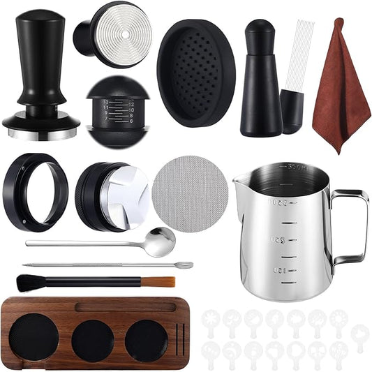 Ferrochef 13 Pcs Espresso Accessories Set 51mm Tamper WDT Espresso Distribution TOOL Kit Frothing Pitcher, Mat, Latte Art Pen, Sandalwood Tamping Station, Barista Towel, Brush and Decorative Stencils