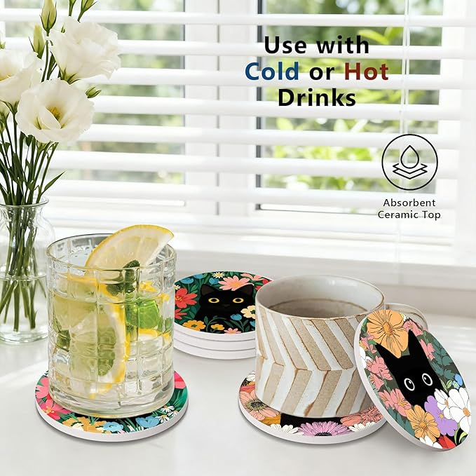 6Pcs Black Cat Coasters with Holder, Cute Floral Cat Ceramic Drink Coaster for Kinds of Cups Coffee Table Decor Cats Lover Gifts