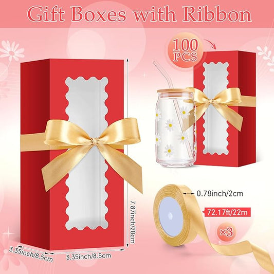 Windyun 100 Pcs Tumbler Gift Boxes for Sublimation Glass Exhibition Boxes Transparent for 12oz 16oz 20oz Shipping Cup Exhibition Packaging for Jars Mug Can Party Supplies (Red)