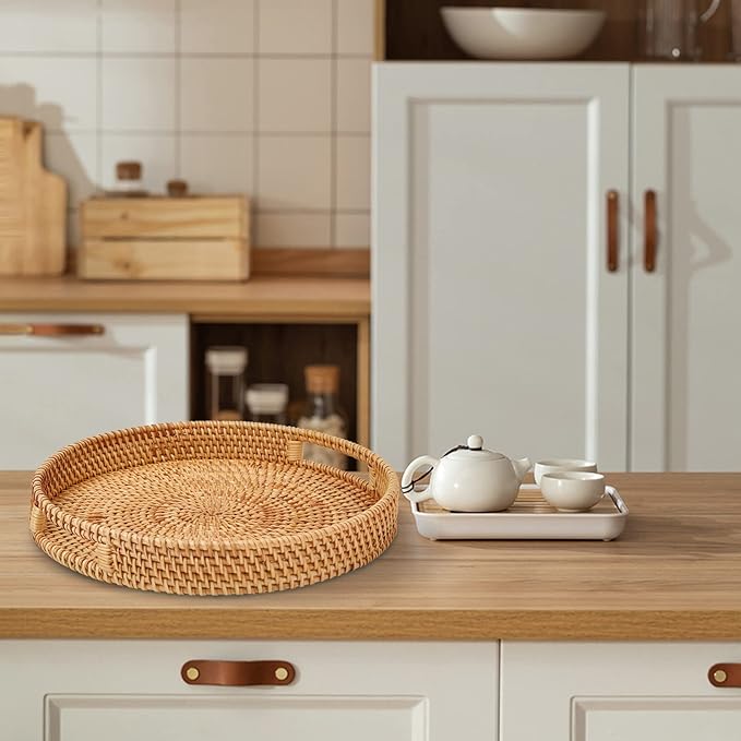 Round Rattan Serving Tray with Handles, Hand Woven Basket, Home Decor Organizer Tray for Breakfast, Tea, Snack, Fruit, Coffee,Storage (Large)(14.17inchX2.3inch)