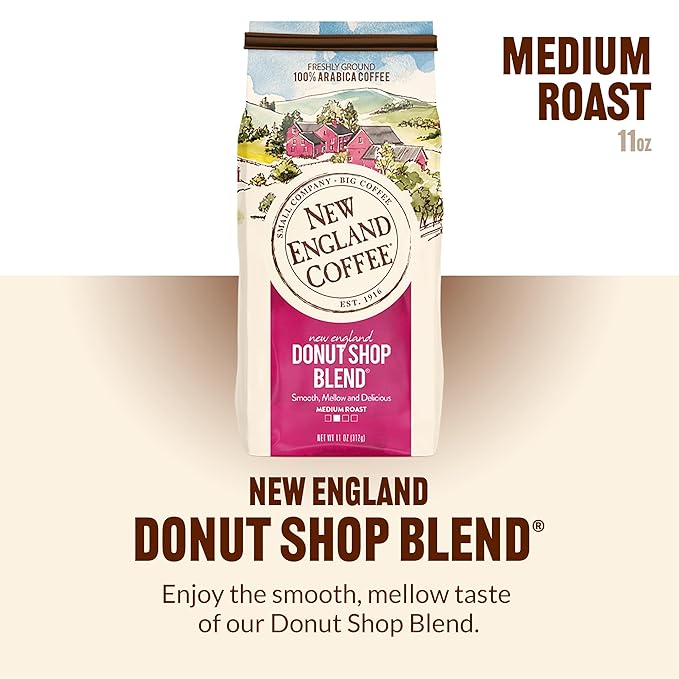New England Coffee Donut Shop Blend Medium Roast Ground Coffee, 18oz Bag (Pack of 4)