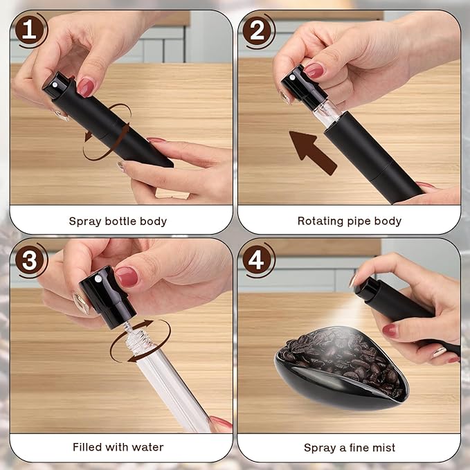 4Pcs Coffee Bean Dosing Cup, Spray Bottle, Spoon and Stirrer Tool Set, Coffee Bar Accessories Ceramic Espresso Dosing Funnel Spray Bottle for Reducing Coffee Static, Coffee Lover Gift (Black)