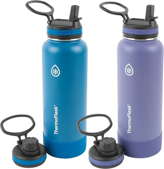 ThermoFlask Stainless Steel Water Bottles 2-Pack - Double-Wall Vacuum Insulated 40 oz BPA-Free Spout Lids - Keeps Drinks Cold 24 Hrs, Hot 12 Hrs - Leakproof, Dishwasher Safe, Superior Blue/Mauve