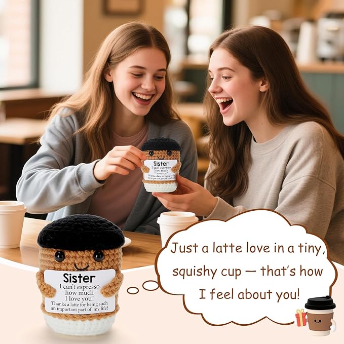 Mini Funny Coffee Sister Birthday Gifts from Sister, Graduation Soul Sister Friend Gifts for Women Girls Presents, Handmade Crochet Coffee Inspirational Cheer up Emotional Gift Desk Decor