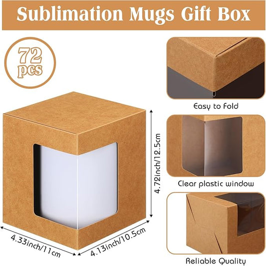 Harloon 72 Pcs Mug Boxes for Gift - Transparent Packaging Box - 11oz, 12oz, 15oz Ceramic Blank Coffee Mugs - Kraft Brown