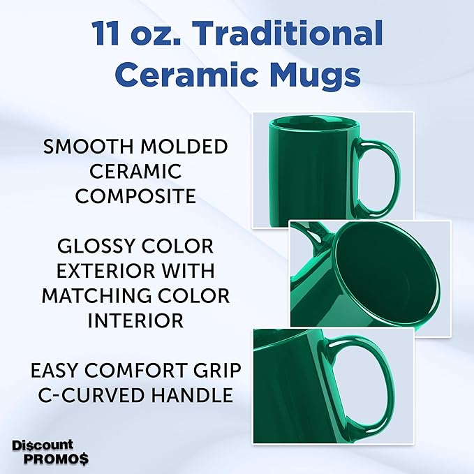 DISCOUNT PROMOS Ceramic Coffee Mugs 11 oz. Set of 10, Bulk Pack - Coffee cup set, Iced coffee cup, Gaming mug - Green