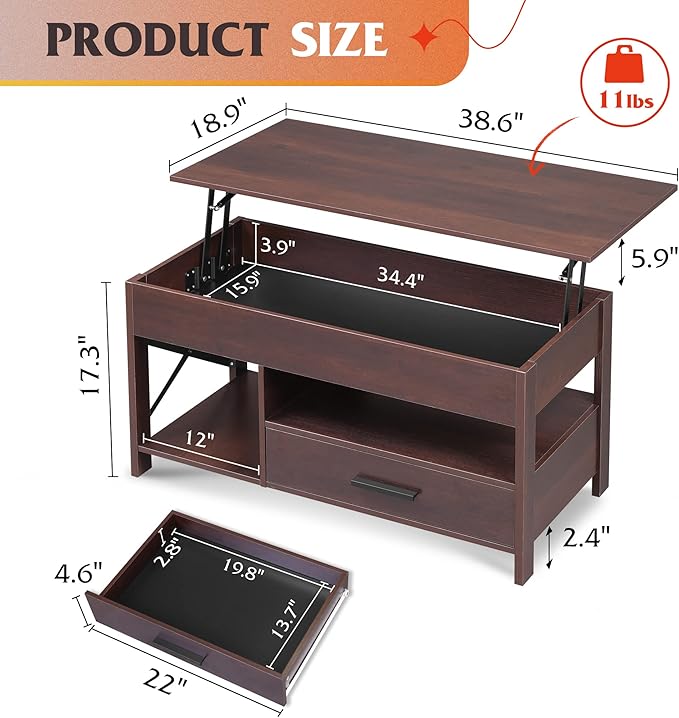WLIVE Lift Top Coffee Table, 39" Coffee Table with Storage Drawers, Hidden Compartment, Wooden Lift Tabletop Center Table for Living Room, Home, Rustic Oak