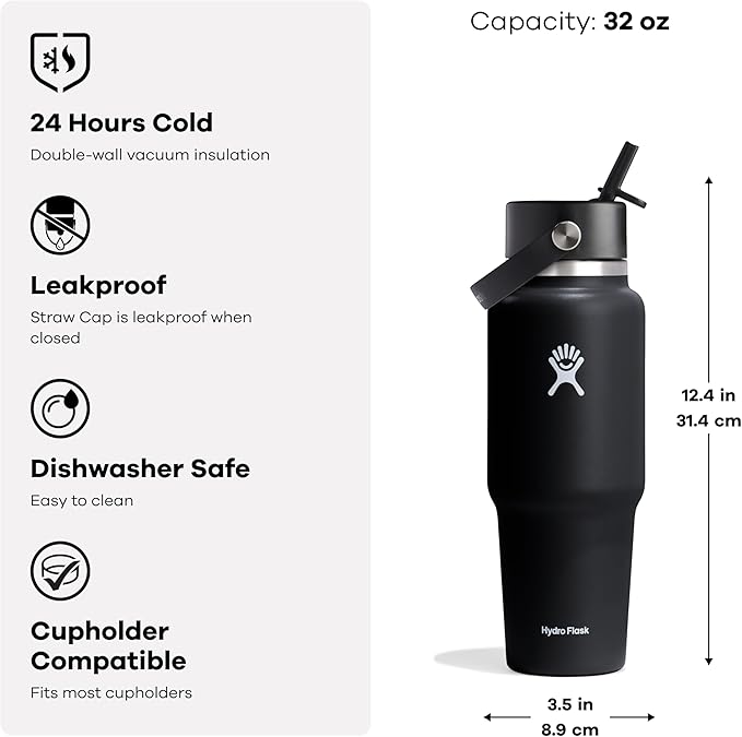 Hydro Flask Travel Water Bottle - Insulated Stainless Steel - Wide Straw Lid, Non Spill, Leakproof in 32 Oz Cascade Blue
