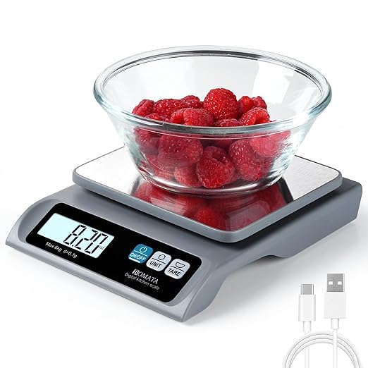BOMATA 0.1g/ 13lb Food Scale, USB Rechargeable, Digital Kitchen Scale with Removable Stainless Steel Pan, Backlit LCD Display, for Cooking, Baking B621 Grey