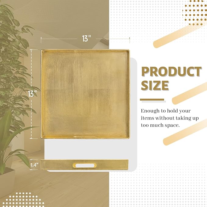 MAONAME Gold Decorative Tray with Handles, Foil Serving Tray for Ottoman, Square Coffee Table Trays for Living Room, Bathroom, 13" L x 13" W x 1.6" H