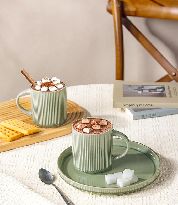 GBhome Coffee Mugs Set for 6, 12oz Coffee Cups with Handle for Man,Woman,Dad,Mom, Stoneware Mugs Sets for Coffee, Latte,Tea, Hot Cocoa, Milk, Dishwasher&Microwave Safe,Light Green