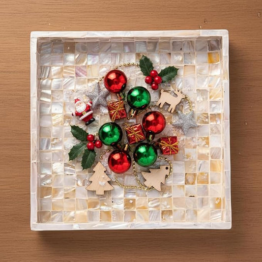 PEMAR 10" Mother of Pearl Catchall Tray for Coffee Table, Entryway, Nightstand. Square Serving Tray Wooden Luxury Decorative Handmade Eating Platters w Insert Handles (White Cream Squares Pattern)