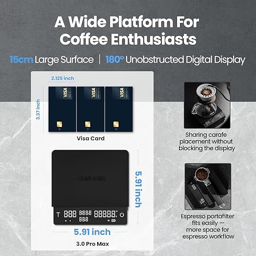 MHW-3BOMBER Extra-Large Coffee Scale with Timer, 5.9 * 5.9in, Digital Pour-Over Scale with Flow Rate, 2kg/0.1g Espresso Scale, 3-Brew Mode, Rechargeable Coffee Bean Weight Scale,Black,ES5663