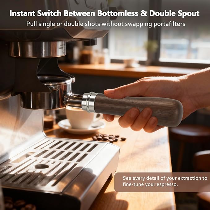 Espresso Accessories, 58mm Bottomless Portafilter with Detachable Double Spout, Dual-Layer Micro-Sift Basket (718 Holes), Walnut Wood Handle, Fits E61 Group Head Espresso Machines
