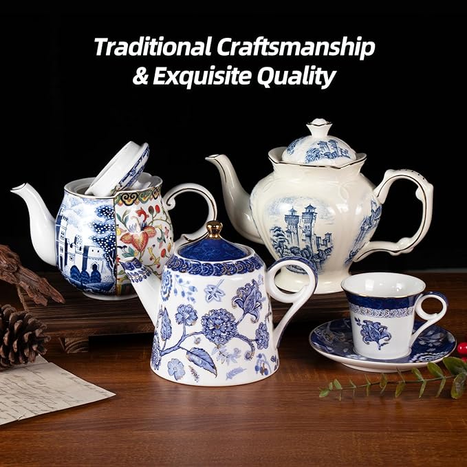 KAMMAK Teapot with Handle, Vintage Porcelain Tea Pot with Gold Trim, Blooming & Loose Leaf Teapot, Festive Holiday Serveware, Gifts for Women, Doucai - 32 oz
