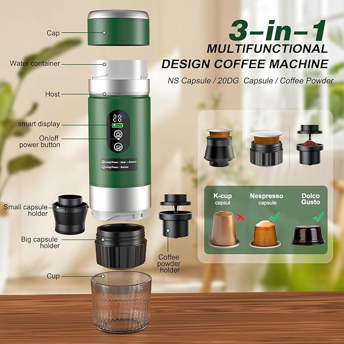 Zordin Portable Espresso Machine with Removeable Battery, 20 bar Mini Travel Coffee maker, Expresso Maker with USB-C,3-in-1 Car Coffee Maker Self-Heating, Ground Coffee & Capsule(Ns&DG)