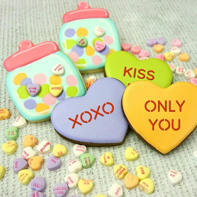 6in Hearts Love Cookie Stencils for Royal Icing, Valentine Stencils for Sugar Cookie, 16 Pcs Assorted Sizes Heart Shapes Conversation Words Rose Stencils for Baking Drawing Dessert Coffee Decoration
