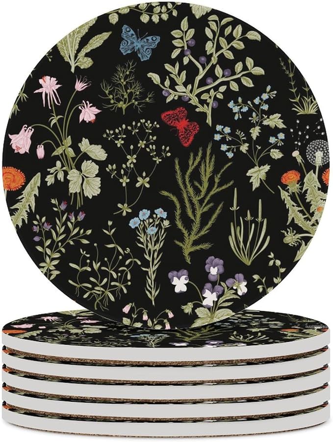 Round-6PCS Botanical Ceramic Coasters, Round Absorbent Drink Coasters, Colorful Cartoon Abstract Botanical Mushroom Plants Pattern Ceramic Table Coasters for Coffee, Beverage, Wine, Beer Coasters