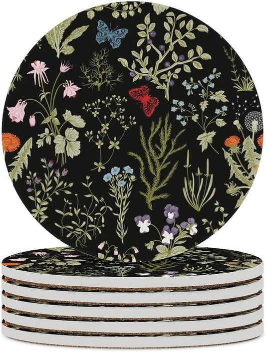 Round-6PCS Botanical Ceramic Coasters, Round Absorbent Drink Coasters, Colorful Cartoon Abstract Botanical Mushroom Plants Pattern Ceramic Table Coasters for Coffee, Beverage, Wine, Beer Coasters