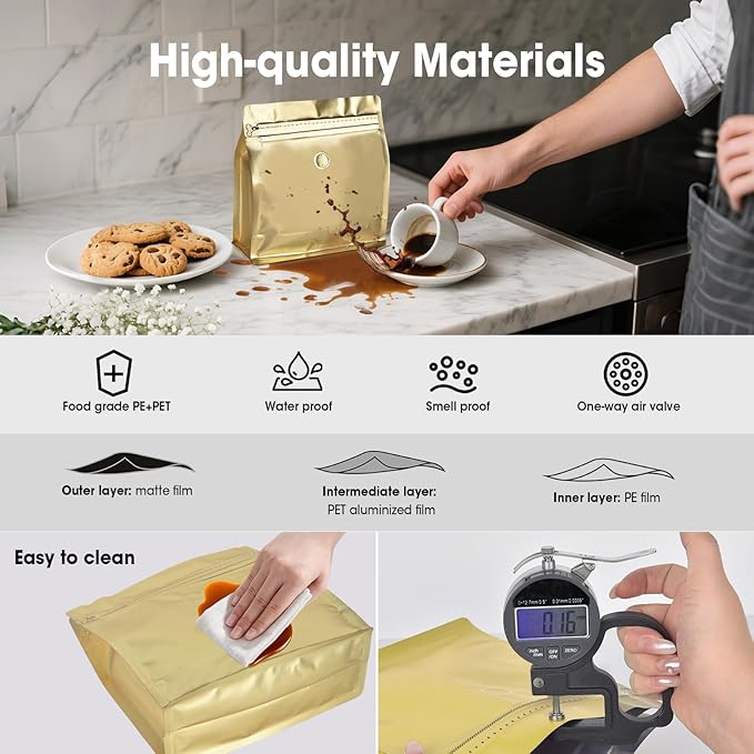 50 Count 8oz Coffee Bags with Valve,1/2 lb Vented Coffee Beans Packaging Bags High Barrier Aluminumed Foil Flat Bottom Heat Sealed Side Zipper Resealable Storage Bag for Home or Business（Gold）