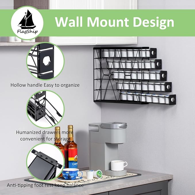 FlagShip 5-Tier Corner Coffee Pod Organizer for K Cup - 40 Capsules Metal Storage, Space-Saving Kitchen Countertop Rack Wall Mountable
