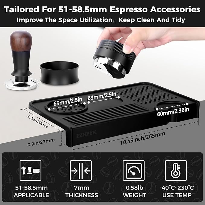 EZHPYK Espresso Tamping Mat for Counter – Food Grade Silicone Multi-Slot Coffee Tamper Mat for Barista Espresso Machine Accessories – Waterproof Neat Tamp Station Coffee Bar Mat for Countertop Black