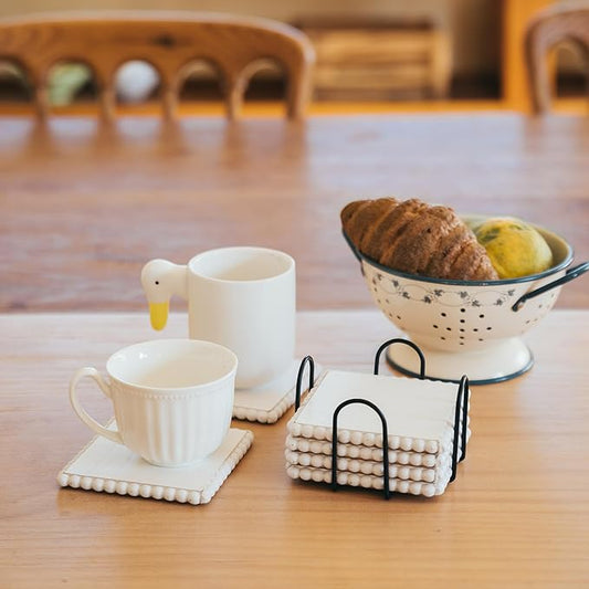 GENMOUS 6 Pack Farmhouse Wooden Bead Coasters with Metal Holder for Coffee Table Decor, Square Handmade Cup Coasters Set for Drinks Absorbent, Rustic Cute for Home Kitchen Table Décor Gift