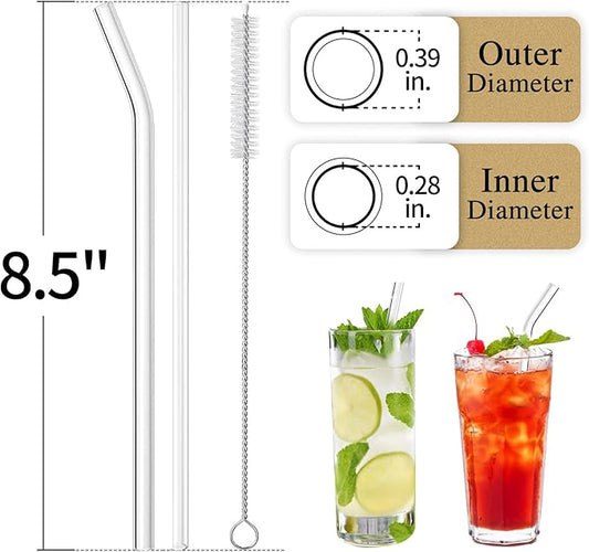 Piteno® 16-Pack Reusable Glass Drinking Straws, 8.5''x10MM, Set of 6 Straight and 6 Bent with 4 Cleaning Brushes, Perfect for Smoothies, Milkshakes, Juice, Tea (Rainbow)