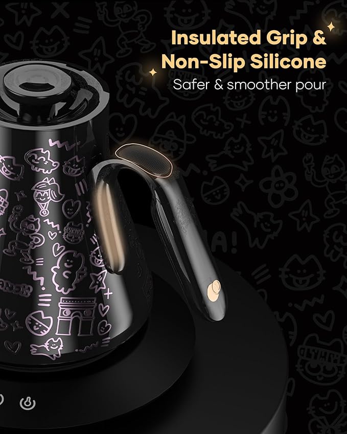 Cocinare Collab Collection Chanior Black Gooseneck Electric Kettle, ±0.5℉ Precise Temperature Control for Pour-Over Coffee & Tea, Quick Heating 1500W, Stainless Steel Interior, 0.9L