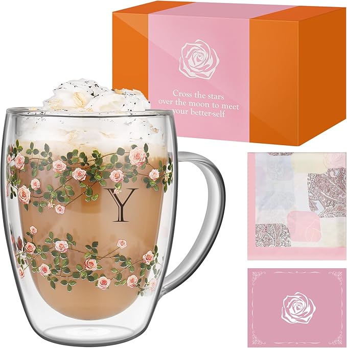 Initial Glass Cup for Women, 12oz Rose Double Walled Glass Coffee Mugs, Personalized Gifts for Women, Initial Coffee Tea Mug with Scarf, Birthday Wedding Gifts for Her Mom Teacher (ROSE-Y)