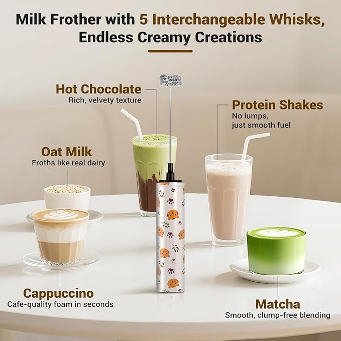 Milk Frother Handheld Rechargeable - 2-Speed Electric Whisk with 5 Detachable Heads (Frother/Mixer/Whisk) for Coffee, Latte, Cappuccino & Matcha, Drink Mixer (Flower 3)