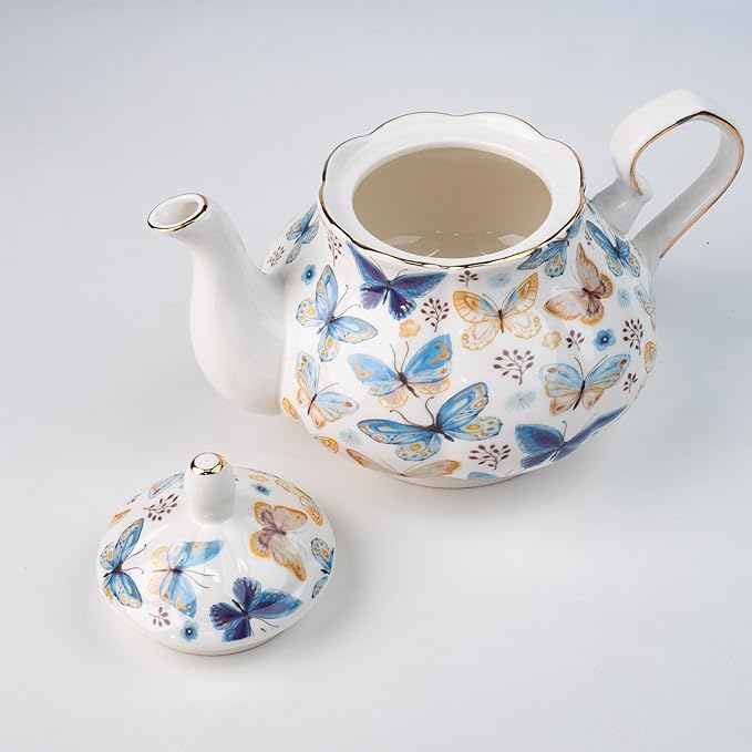 33.8 oz Porcelain Tea Pot Luxury Gold Trim Floral Ceramic Teapot Waterpot Tea Maker for Blooming Loose Leaf Tea Coffee Milk Chrismas Women Gift Housewarming Home Kitchen Décor (Butterfly)