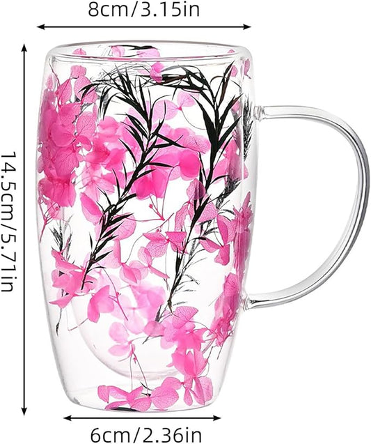 Creative Flowers Double Wall Clear Glass Coffee Mug with Handle, Aesthetic Dried Flowers Coffee Mug, Clear Double Insulated Glass Cup for Hot and Cold Beverages, Cappuccino, (A)