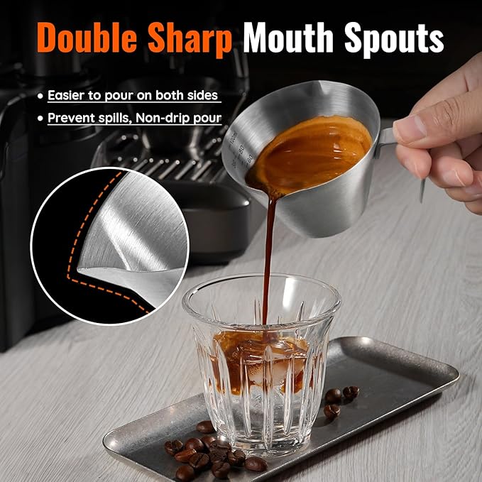 YARRAMATE 10 Pcs Stainless Steel Espresso Cups with Handle, Double Spout Metal Measuring Cup with Dual Scale, Espresso Shot cup with V-Shaped Mouth, 3.4OZ/100ML(Silver)