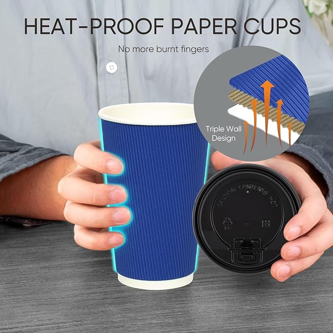 Coolcap 100 Pack 16 oz Disposable Coffee Cups with Lids and Straws, Insulated Ripple Wall To Go Paper Corrugated Cups, Bulk for Hot/Cold Drinks, Cafe Bar, Office, Chocolate, Cocoa (Navy)