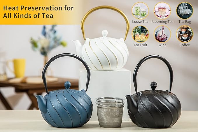 Stovetop Tea Kettle, TOPTIER Japanese Cast Iron Tea Kettle with Infuser for Loose Leaf and Tea Bags, Cast Iron Teakettle Coated with Enameled Interior for 40 oz (1200 ml), Midnight Black