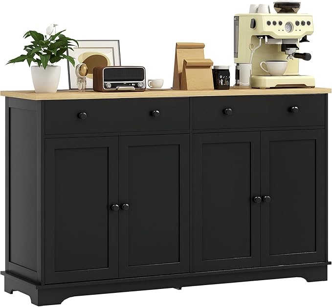 HOMCOM Sideboard Buffet Cabinet with Storage, 55" Modern Kitchen Cabinet with 4 Doors, 2 Drawers and 2 Adjustable Shelves, Coffee Bar Cabinet, Black