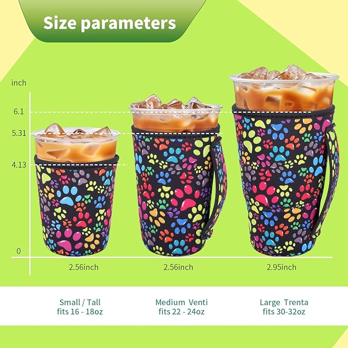 3 Pack Iced Coffee sleeve Insulated Neoprene Cup Sleeves with handle For Cold Drinks Beverages, Reusable Cup Holder for 16oz-32oz Coffee Cups (Paw Prints)