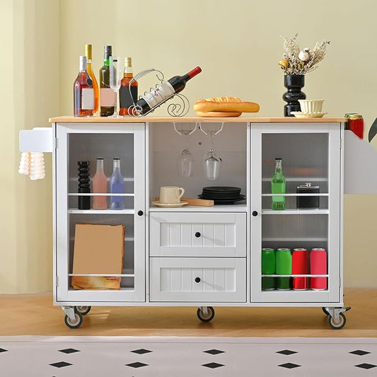 Brrnoo Kitchen Island Cart with Wood, 29.5"" Width Mobile Carts with Storage Cabinet, Rolling Kitchen Table with Spice Rack and Drawer, Portable Islands on Wheels, White