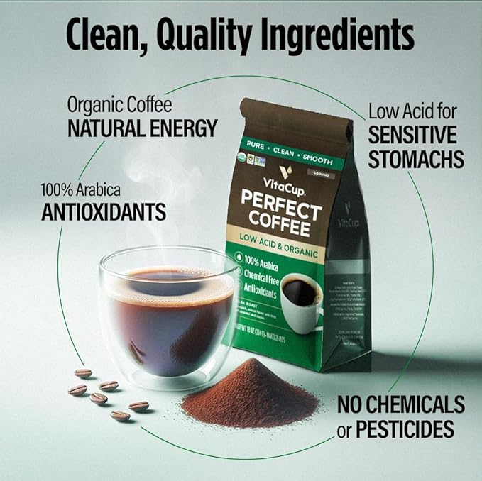 VitaCup Perfect Low Acid Coffee Ground, USDA Organic & Fair Trade, Mycotoxin Free, Dark Roast Guatemala Single Origin, Clean & Pure for Drip Coffee Brewers and French Press, 3 bags, 11oz each