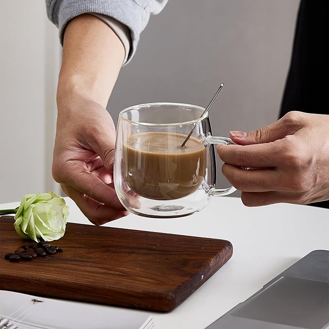 Double Wall Insulated Latte Glasses 10oz with Handle - Set of 2, Clear Glass Mugs for Cappuccino, Espresso, Tea & Hot Drinks