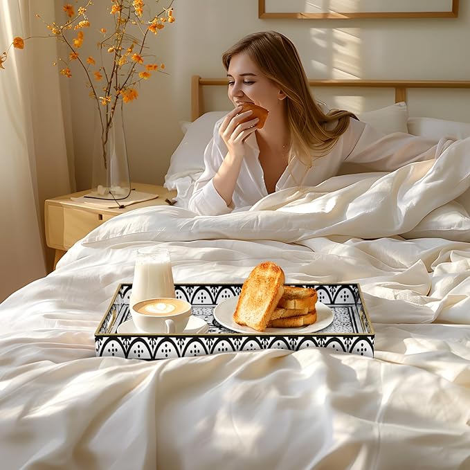 MAONAME Plastic Serving Tray with Handles, Modern Black Tray for Coffee Table, Rectangular Trays with Flower Pattern, Decorative Trays for Ottoman, 15.8" Lx 11.8" W X 1.6" H