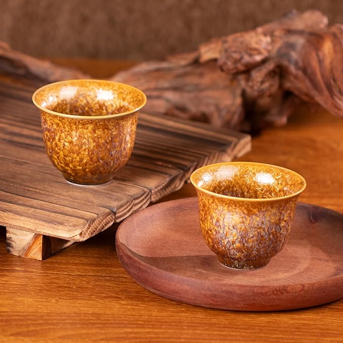 KAMMAK Ceramic Tea & Coffee Cups Set of 2 - Vintage Crystalline Glaze Espresso Mugs, 2.25oz Hand Painted for Afternoon Tea or Coffee, Birthday Gift for Women Men, Magnolia Cup