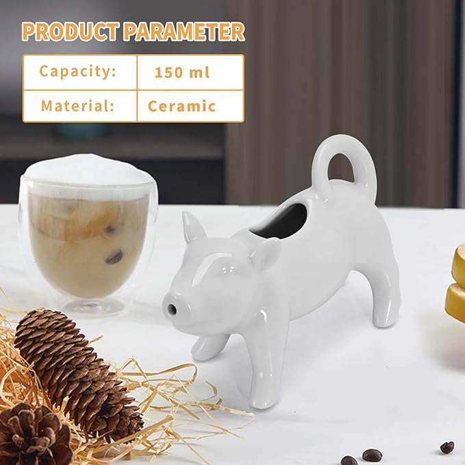 Ceramic Milk Pitcher, Pig-Shaped Porcelain Creamer Pitcher, Cute Animal Coffee Milk Sauce Jug for Home Kitchen and Outdoor Use - 6.41In 150ML