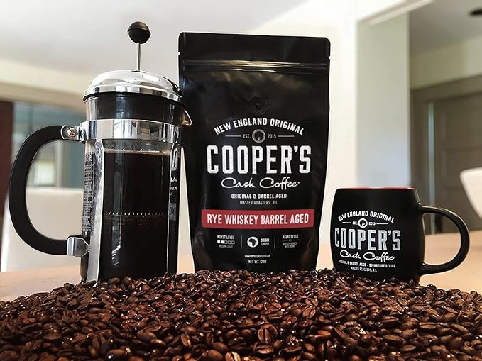 Rye Whiskey Barrel Aged Coffee, Single Origin Roasted Coffee beans, Ethiopian Beans Aged in Rye Whiskey Casks, 2lb Bags, Ground