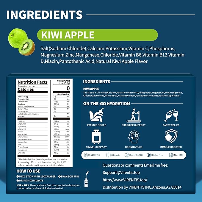 16 Sticks Electrolytes Powder Packets Sugar Free Hydration Packets Liquid Daily IV Electrolyte Drink Mix for Rehydration with 8 Electrolytes & 6 Vitamins, Low Sodium, Kiwi Apple