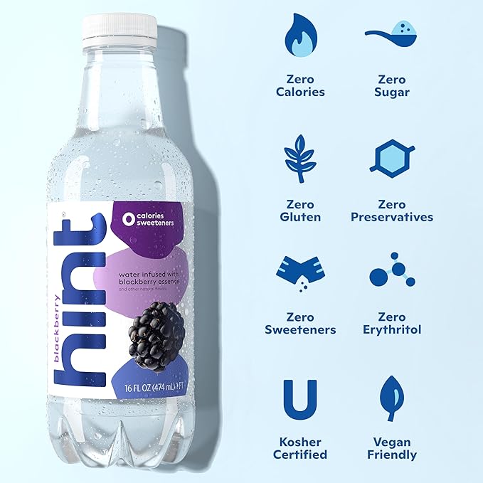 Hint Fruit-Infused Bottled Water, Blackberry - Sugar Free Flavored Water with Zero Calories, Natural Fruit Essences, and No Artificial Sweeteners - 16 Fl Oz (Pack of 12)
