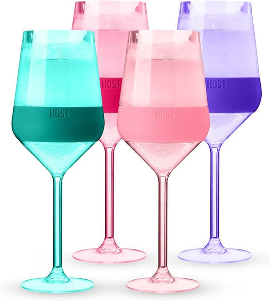 HOST Wine Freeze Double-Walled Stemmed Wine Glasses Cooling Cups with Active Cooling Gel and Insulated Silicone Grip, 6.5 Oz Plastic, Tinted, Set of 4